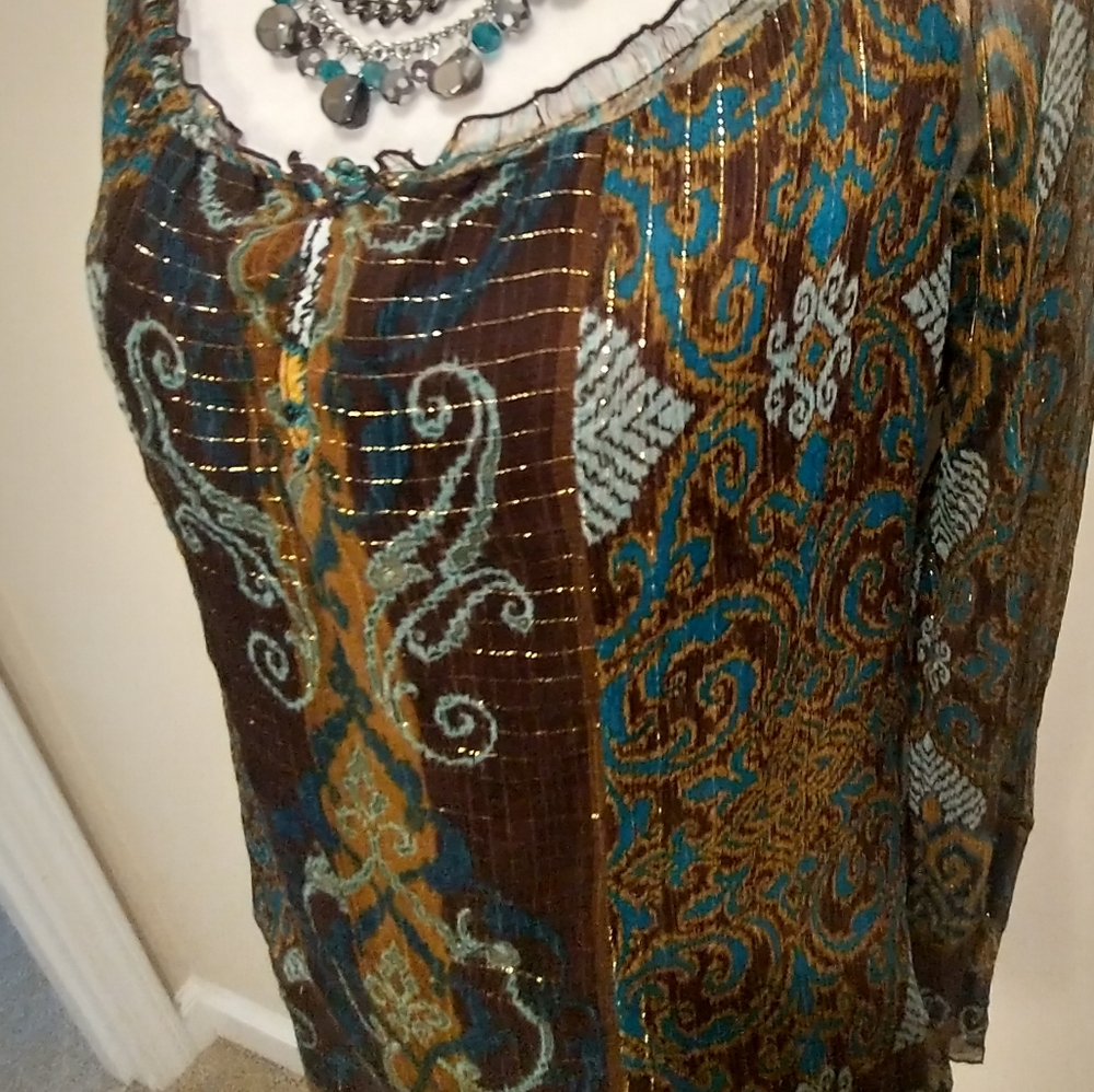 Vintage Hale Bob Brown And Teal Shimmery  Blouse - Picture 3 of 9
